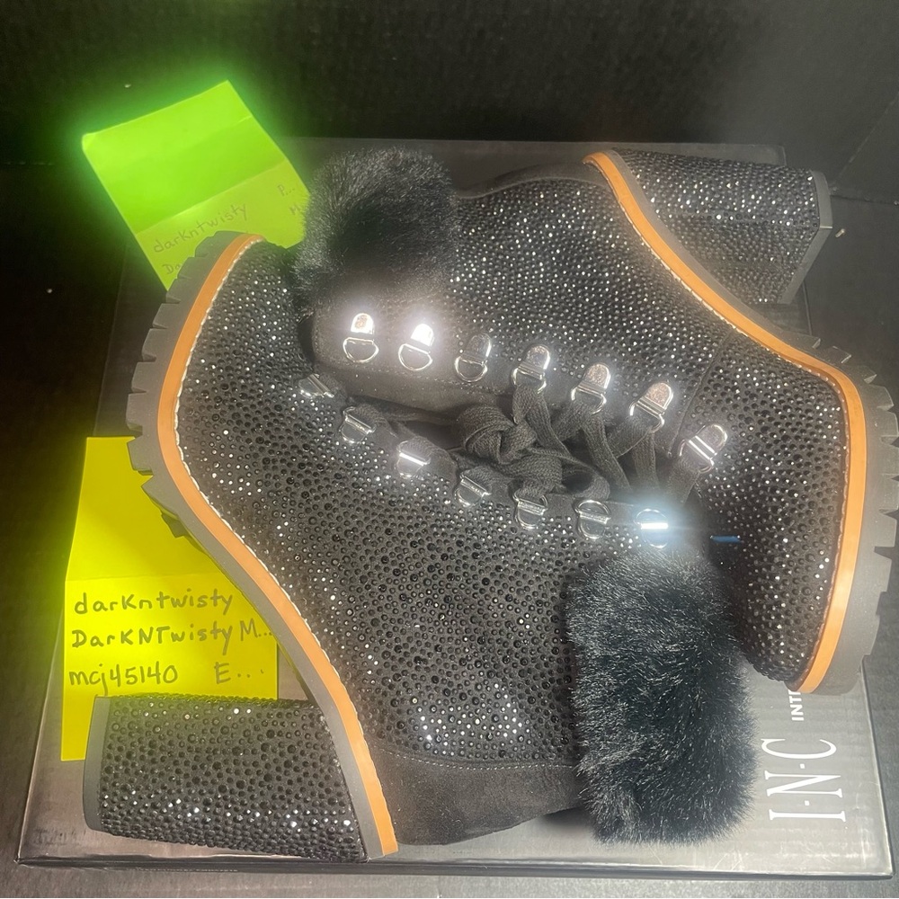 BNIB INTERNATIONAL CONCEPTS RHINESTONE BLACK FUR CUFF ANKLE BOOTS GORGEOUS! - Picture 6 of 10